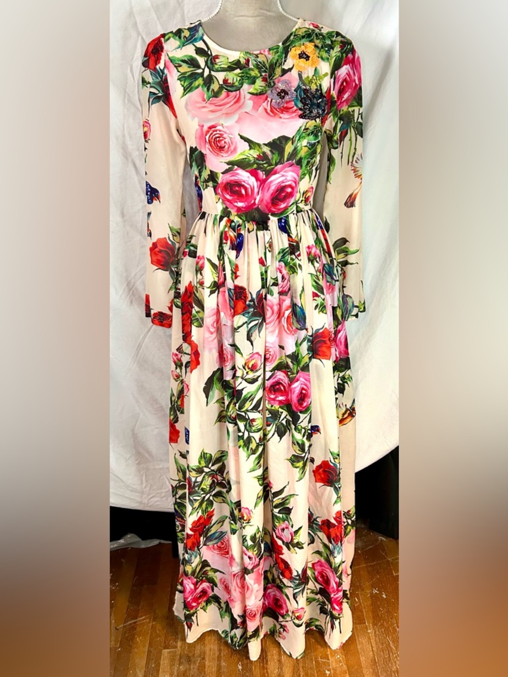 Cream, Pink Multicolor Floral, Bird Print Embellished Silk Maxi Dress, Size S